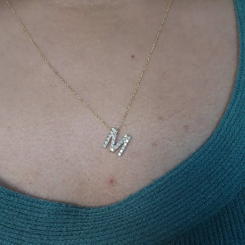 14Kt Gold Initial Letter Diamond Pendant Necklace