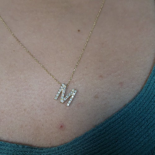 14Kt Gold Initial Letter Diamond Pendant Necklace