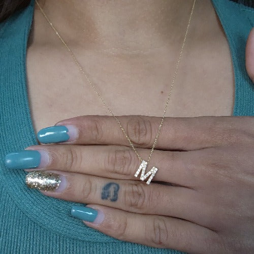 14Kt Gold Initial Letter Diamond Pendant Necklace