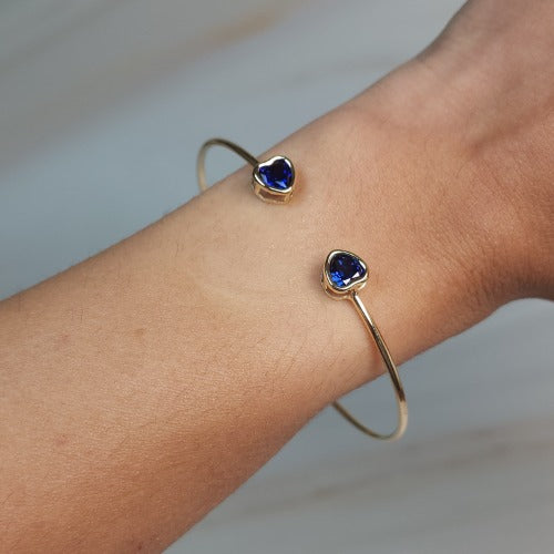 14Kt Gold Blue Sapphire Heart Bezel Bangle Bracelet