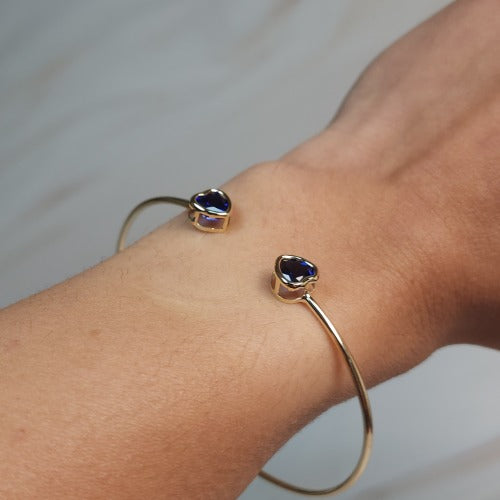 14Kt Gold Blue Sapphire Heart Bezel Bangle Bracelet