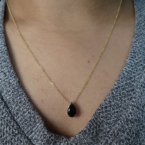 14Kt Gold Natural Black Onyx Teardrop Necklace Pendant