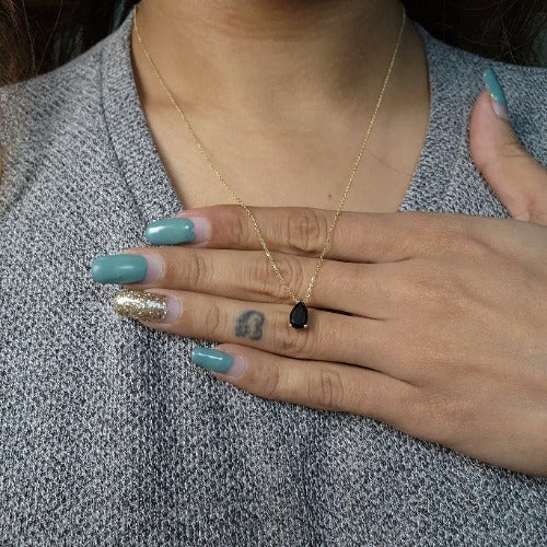14Kt Gold Natural Black Onyx Teardrop Necklace Pendant