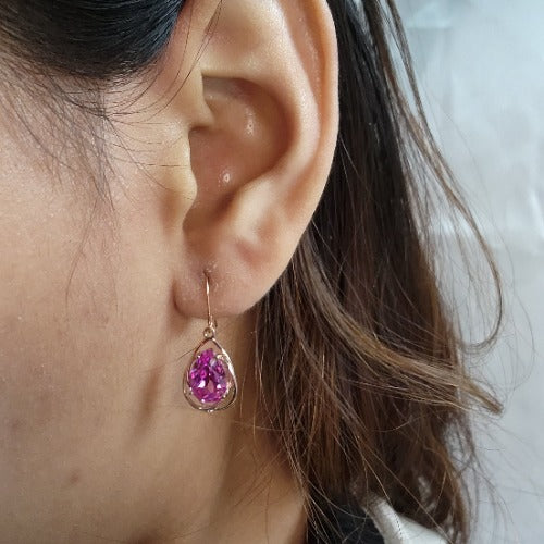 14Kt Gold 4 Ct Pink Sapphire Pear Teardrop Design Dangle Earrings
