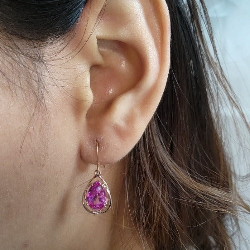 14Kt Gold 4 Ct Pink Sapphire Pear Teardrop Design Dangle Earrings