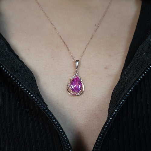 14Kt Gold 2 Ct Pink Sapphire Pear Teardrop Design Pendant Necklace