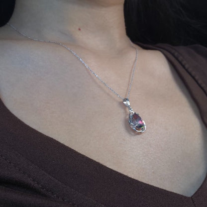 14Kt Gold 2 Ct Natural Mystic Topaz Pear Teardrop Design Pendant Necklace