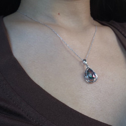 14Kt Gold 2 Ct Natural Mystic Topaz Pear Teardrop Design Pendant Necklace