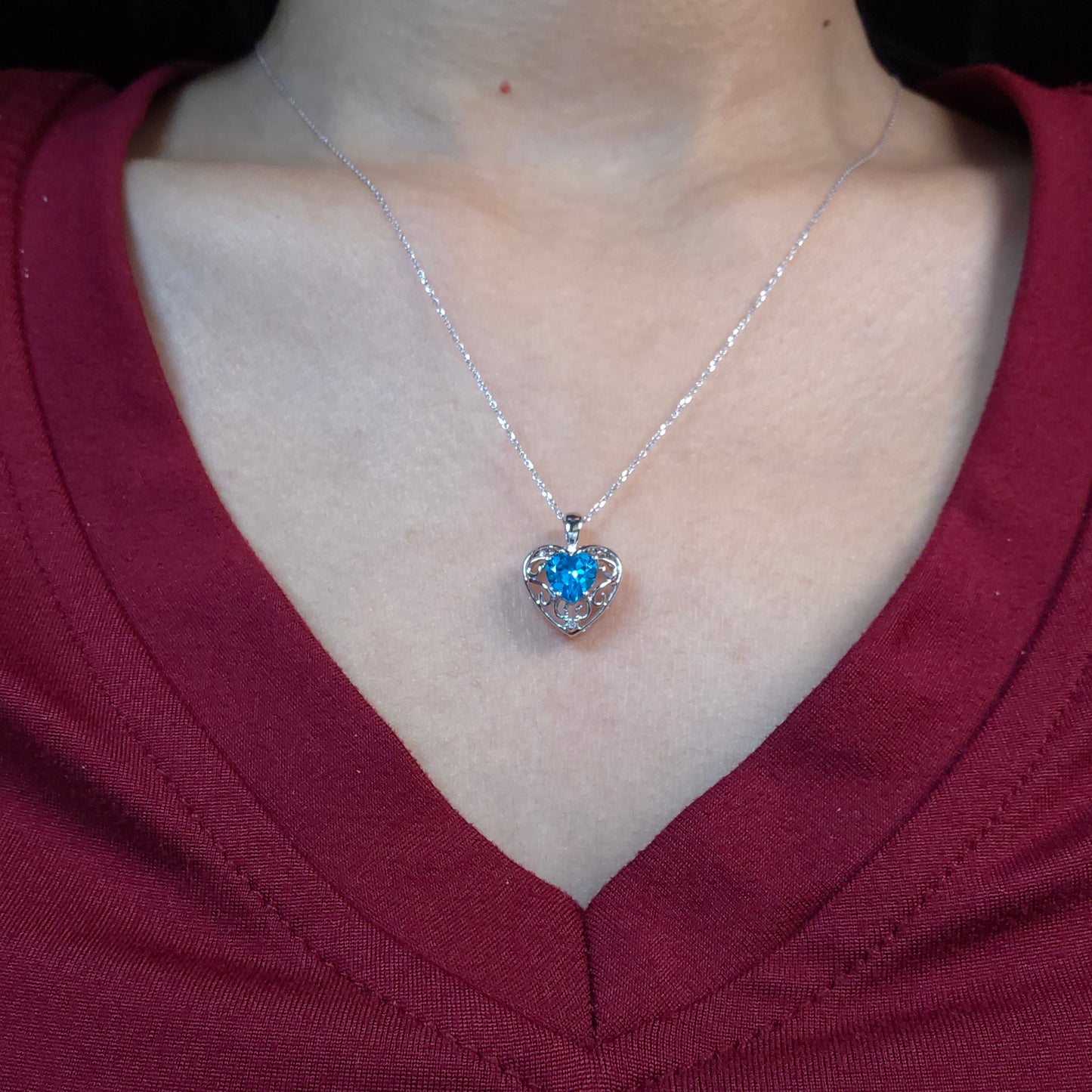 14Kt Gold Swiss Blue Topaz & Diamond Heart LOVE ENGRAVED Pendant Necklace