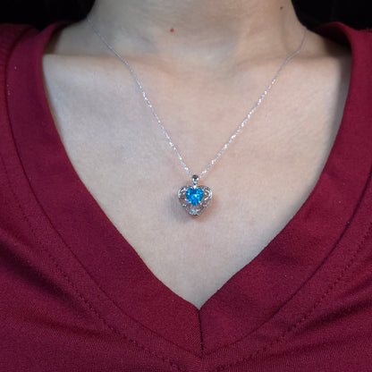 14Kt Gold Swiss Blue Topaz & Diamond Heart LOVE ENGRAVED Pendant Necklace