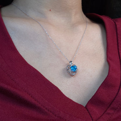 14Kt Gold Swiss Blue Topaz & Diamond Heart LOVE ENGRAVED Pendant Necklace
