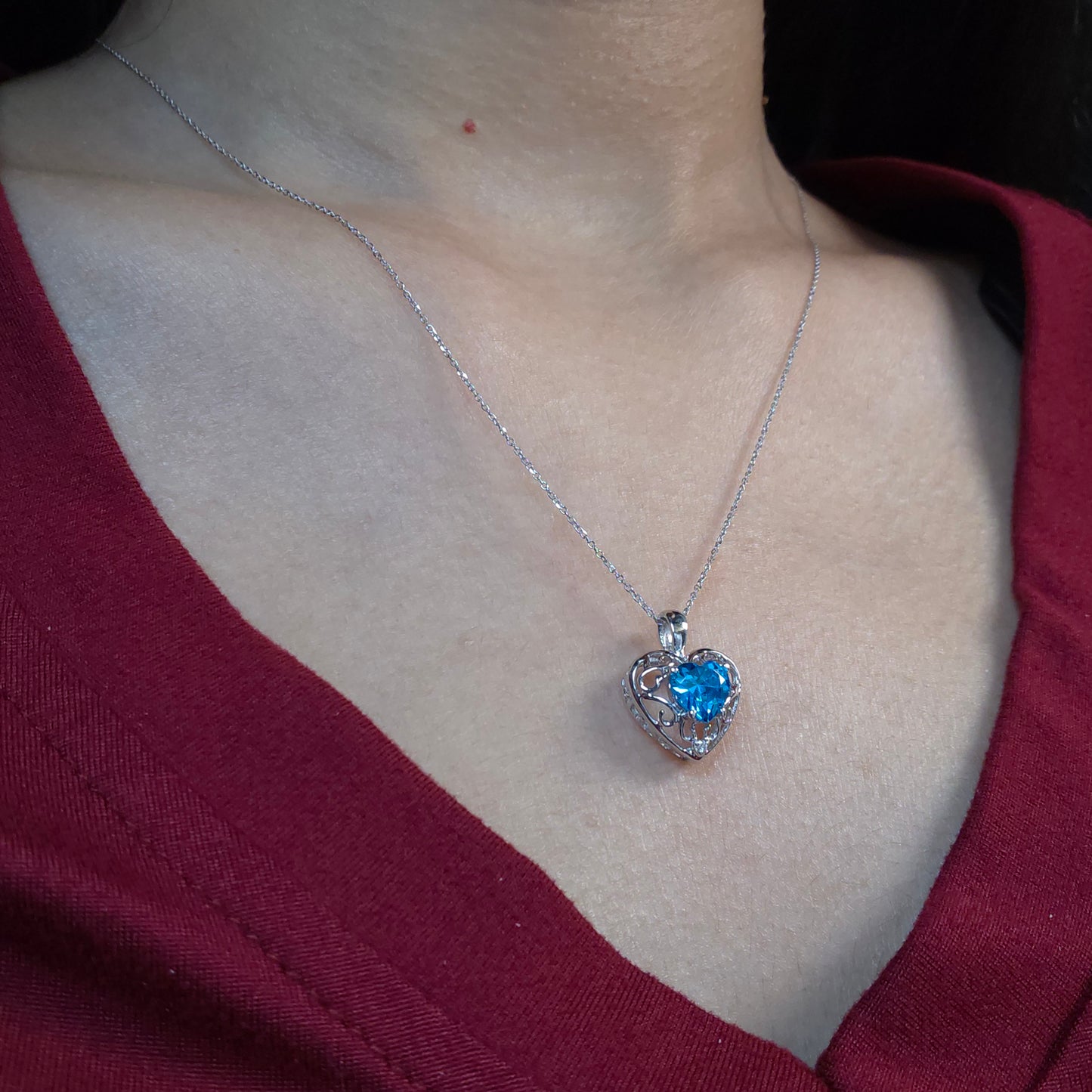 14Kt Gold Swiss Blue Topaz & Diamond Heart LOVE ENGRAVED Pendant Necklace