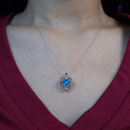 14Kt Gold Swiss Blue Topaz & Diamond Heart LOVE ENGRAVED Pendant Necklace