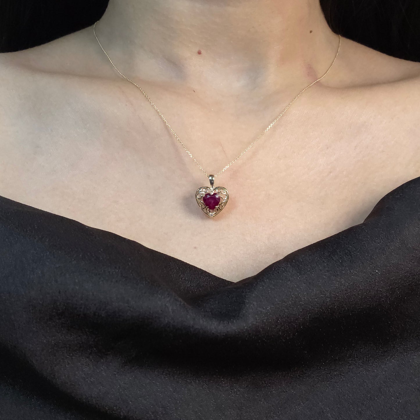 14Kt Gold Created Ruby & Diamond Heart LOVE ENGRAVED Pendant Necklace