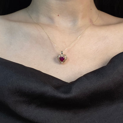 14Kt Gold Created Ruby & Diamond Heart LOVE ENGRAVED Pendant Necklace