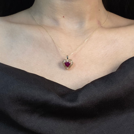 14Kt Gold Created Ruby & Diamond Heart LOVE ENGRAVED Pendant Necklace