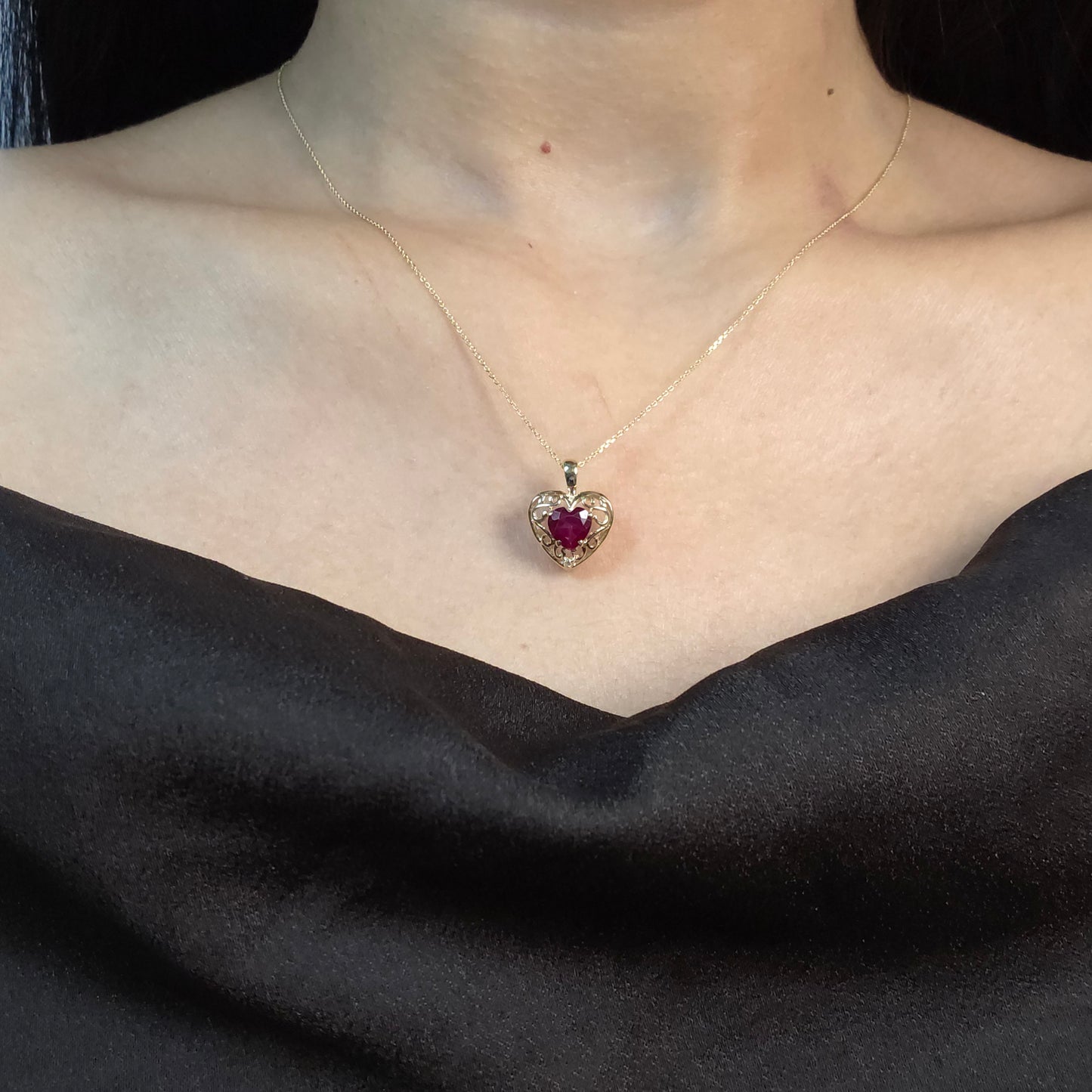 14Kt Gold Created Ruby & Diamond Heart LOVE ENGRAVED Pendant Necklace