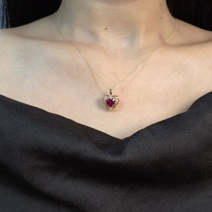 14Kt Gold Created Ruby & Diamond Heart LOVE ENGRAVED Pendant Necklace