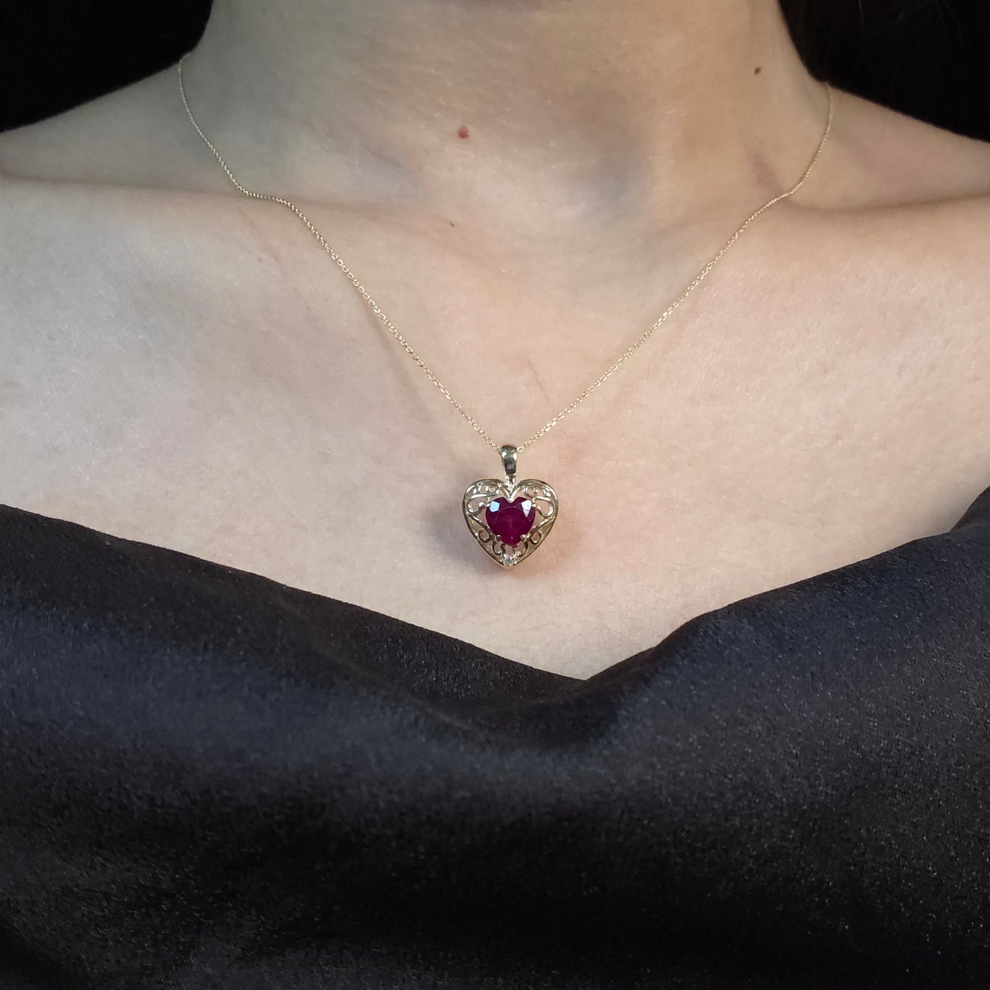 14Kt Gold Created Ruby & Diamond Heart LOVE ENGRAVED Pendant Necklace