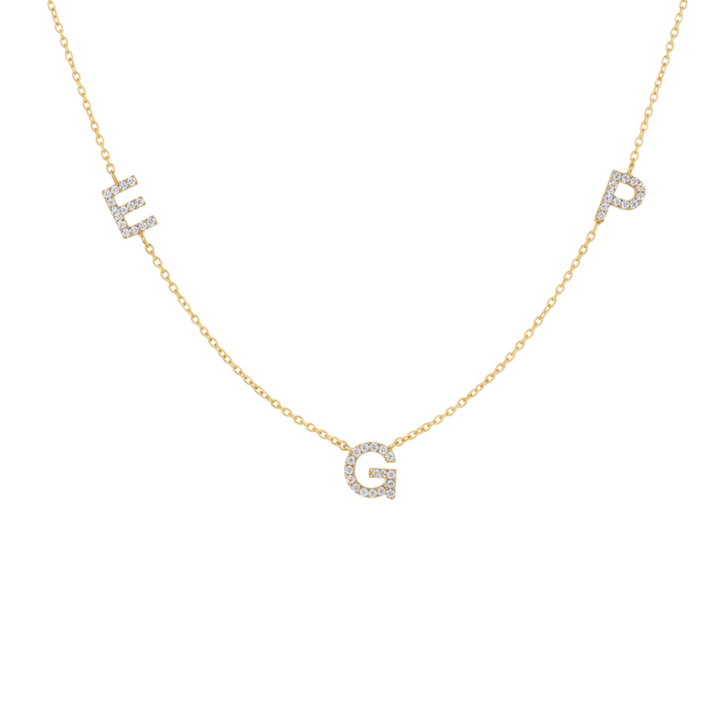 14Kt Gold 3 Initial Straight Letter Natural Diamond Pendant Necklace