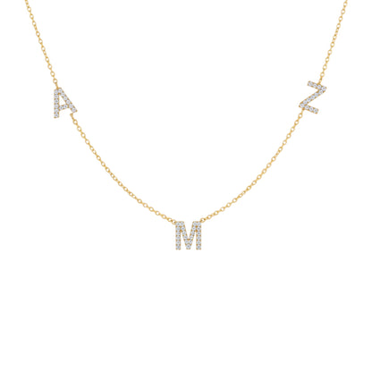14Kt Gold 3 Initial Straight Letter Natural Diamond Pendant Necklace