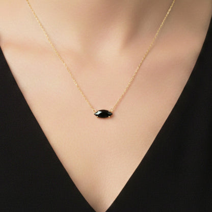 14Kt Gold Black Onyx Marquise Pendant Necklace