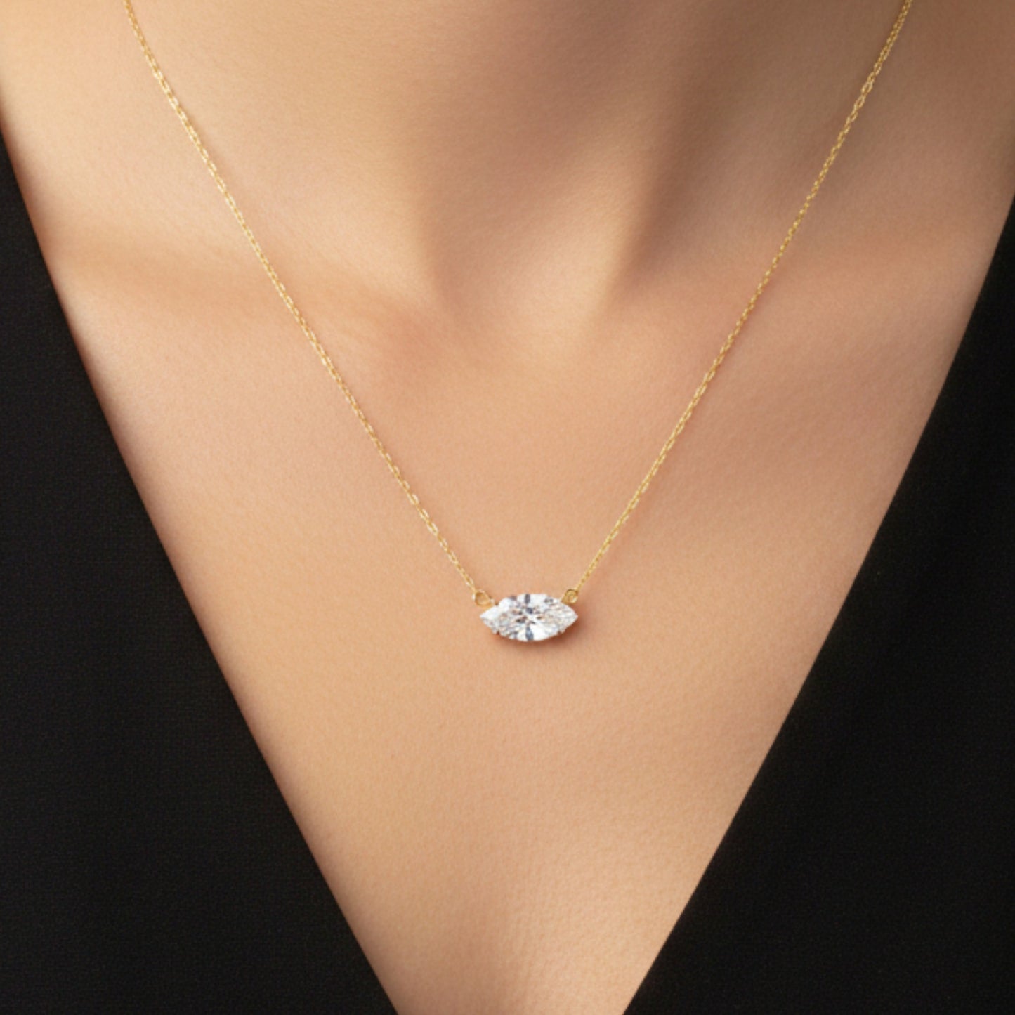 14Kt Gold White Sapphire Marquise Pendant Necklace