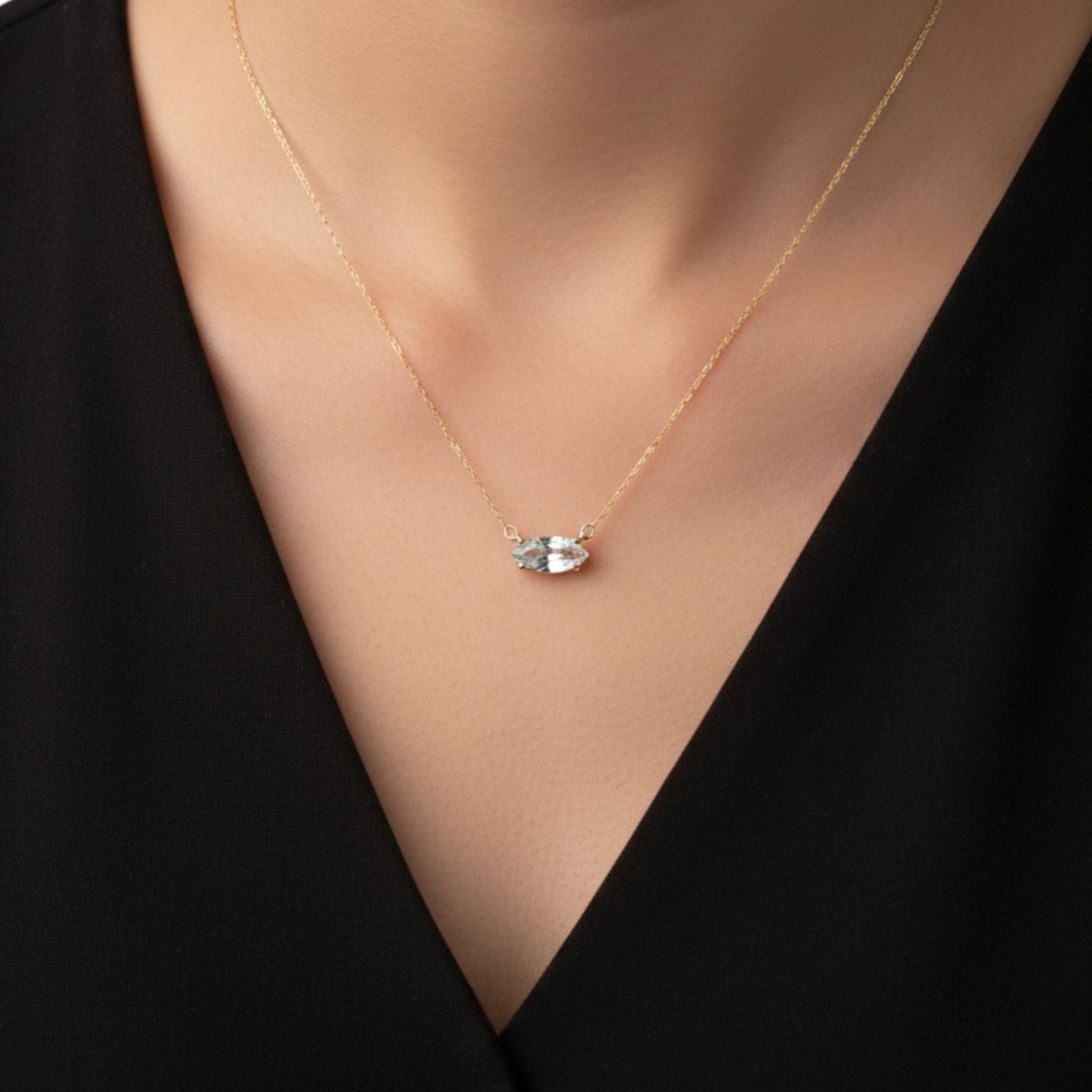 14Kt Gold Genuine Aquamarine Marquise Pendant Necklace