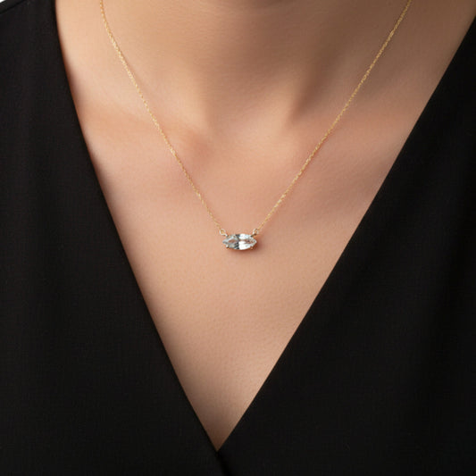 14Kt Gold Genuine Aquamarine Marquise Pendant Necklace