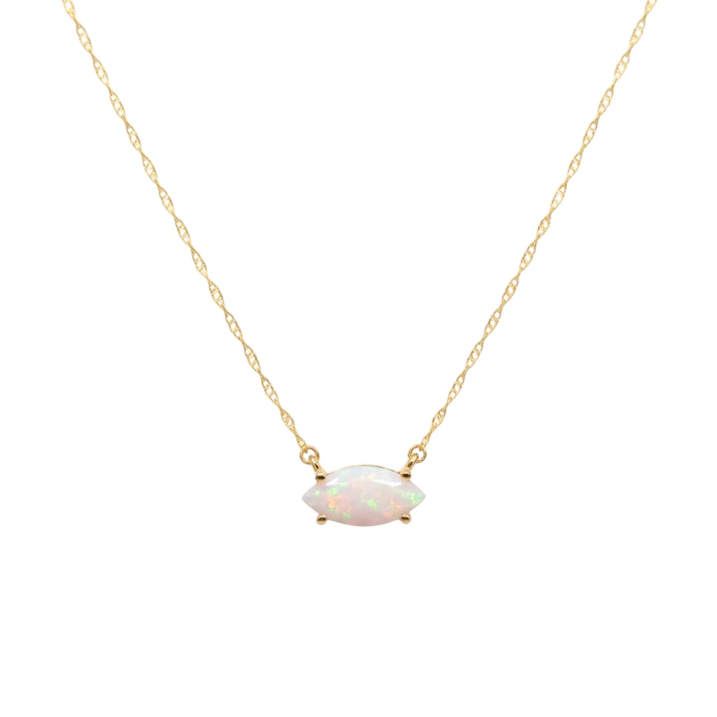 14Kt Gold Genuine Natural Opal Marquise Pendant Necklace