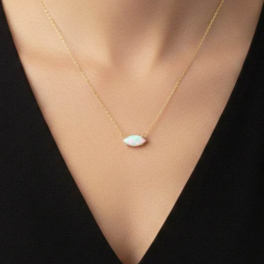 14Kt Gold Genuine Natural Opal Marquise Pendant Necklace