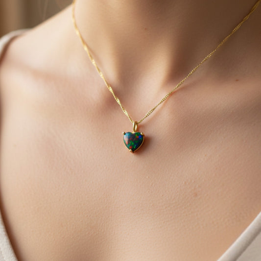 14Kt Gold Black Opal Heart Pendant Necklace