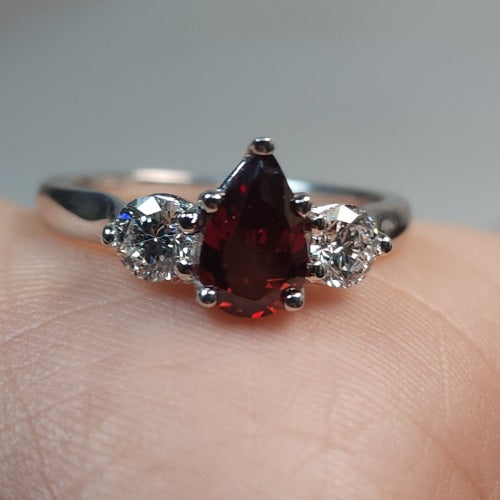 Simulated Garnet & Lab Grown Diamond Pear Round ring .925 Sterling Silver