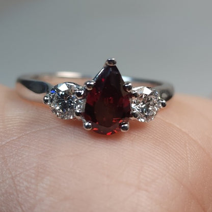 Simulated Garnet & Lab Grown Diamond Pear Round ring .925 Sterling Silver