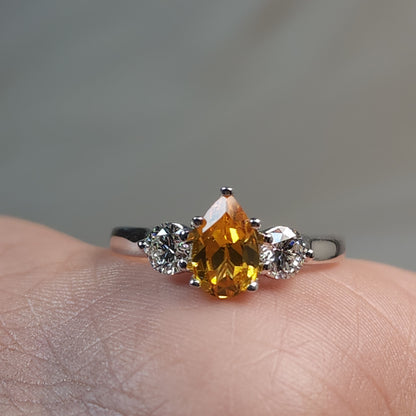 Yellow Citrine & Lab Grown Diamond Pear Round ring .925 Sterling Silver