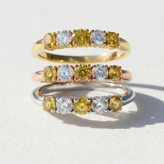 14Kt Gold 0.50 Ct 5 Stone Yellow Citrine & Lab Grown Diamond Ring