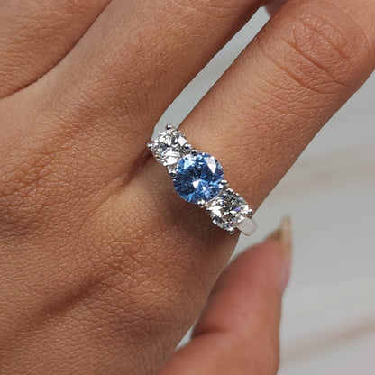 Created Natural Aquamarine & Lab Grown Diamond Round ring .925 Sterling Silver