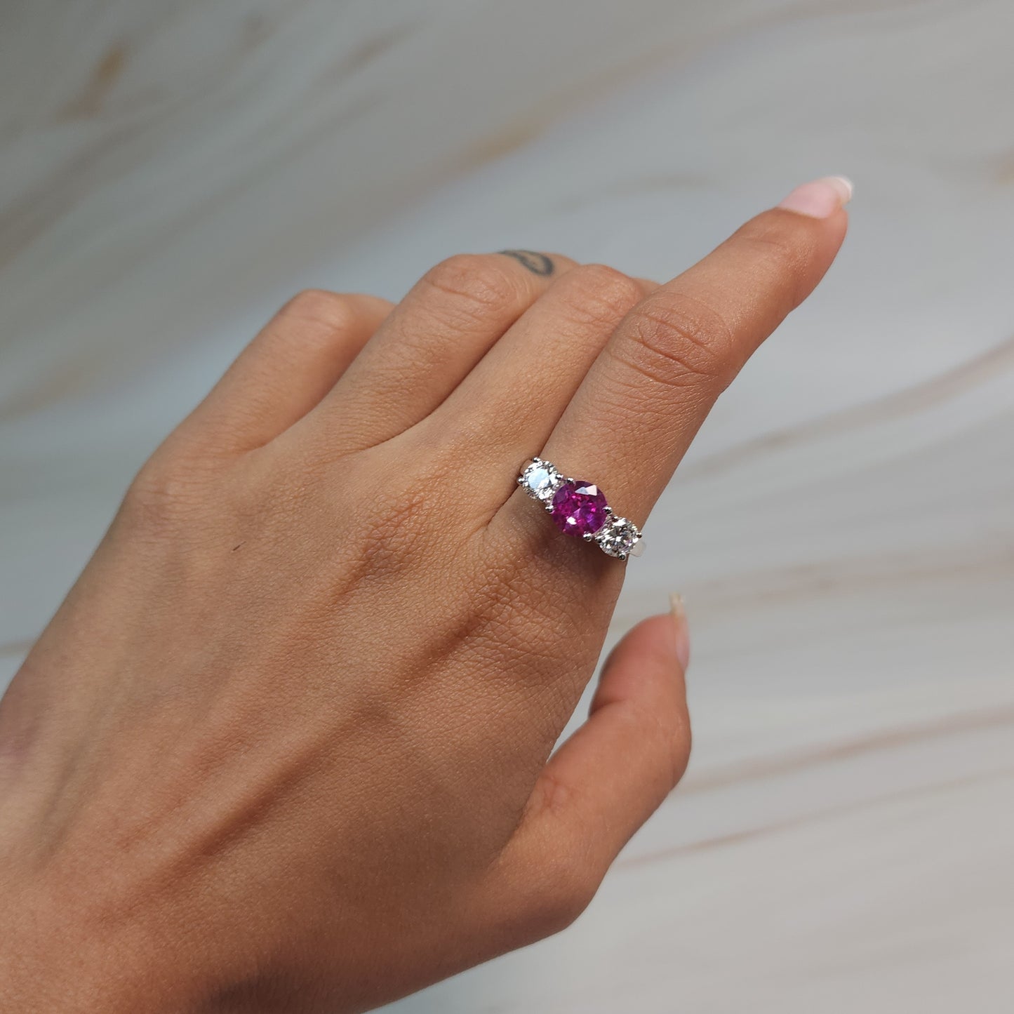 Created Pink Sapphire & 1Ct Lab Grown Diamond Round ring .925 Sterling Silver