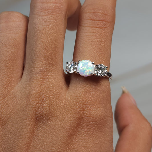 Created Opal & 1Ct Lab Grown Diamond Round ring .925 Sterling Silver