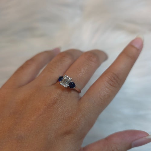 14Kt Gold 1.60 Ct Emerald Cut and Blue Sapphire 3 Stone Lab Grown Diamond Ring