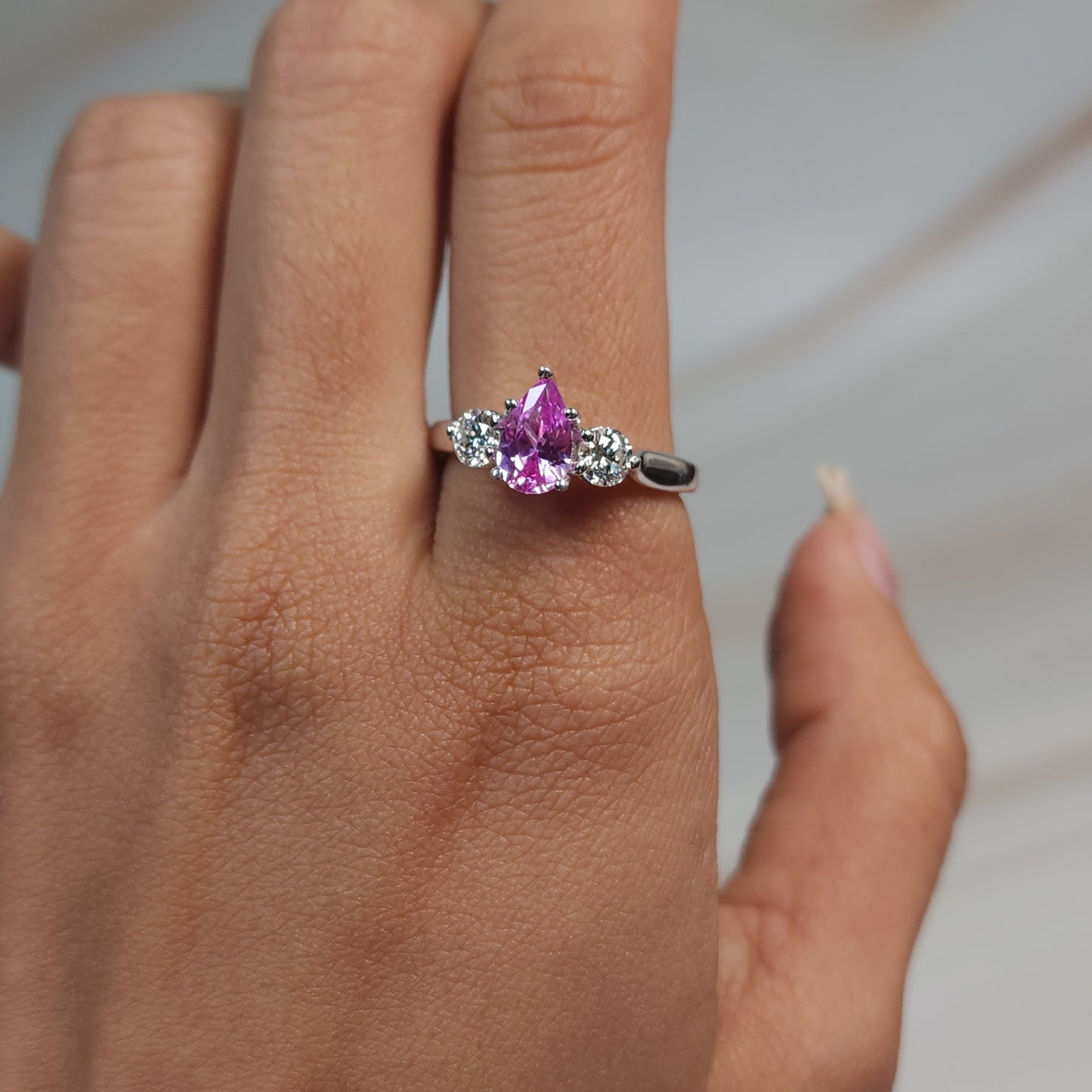 Created Pink Sapphire & Lab Grown Diamond Pear Round ring .925 Sterling Silver