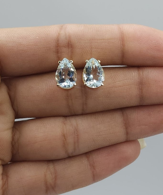 14Kt Gold 3 Ct Natural Aquamarine Teardrop Pear Shape Stud Earrings