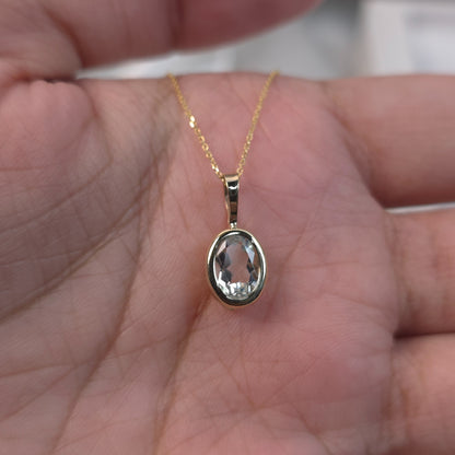 14Kt Gold Genuine Aquamarine Oval Bezel Pendant Necklace