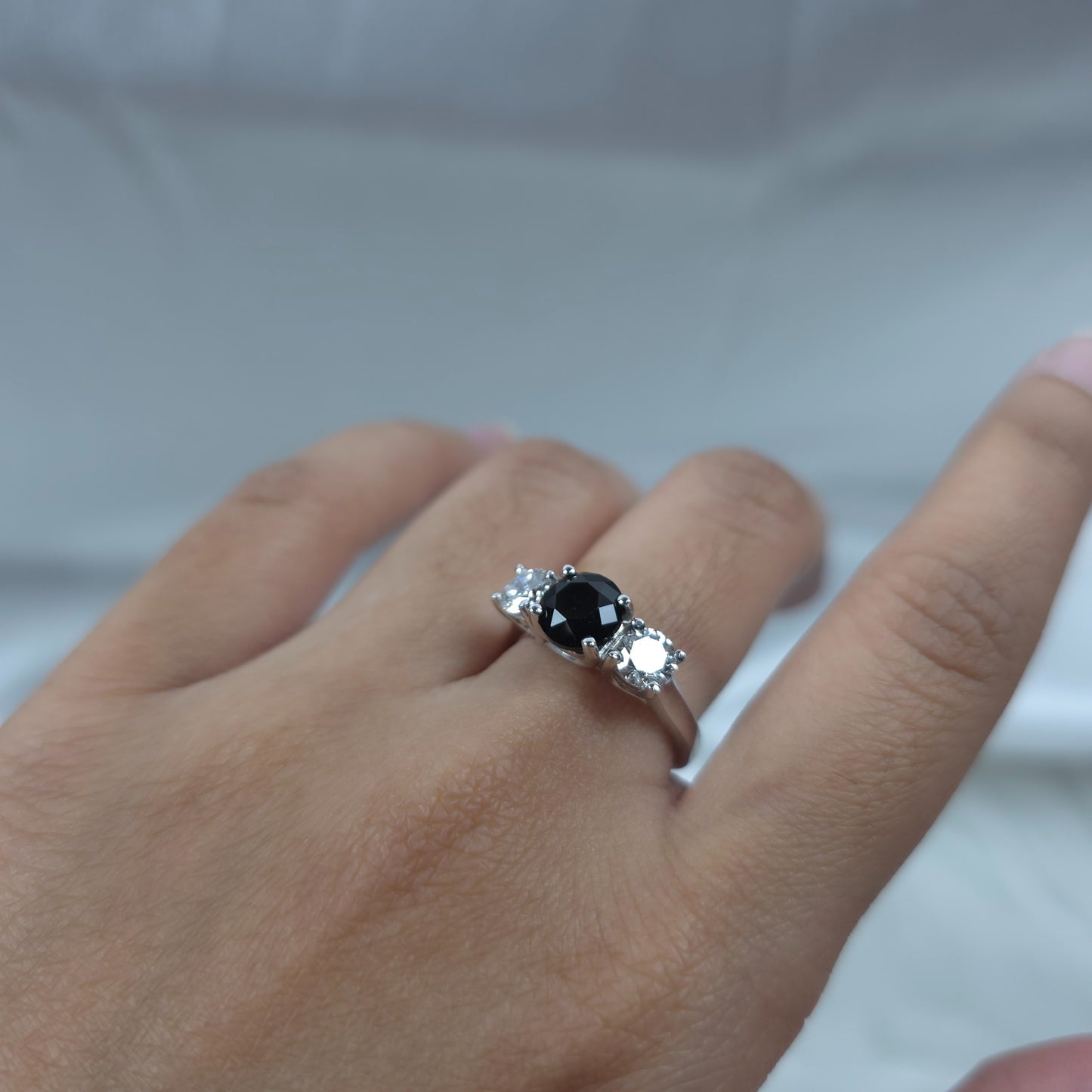 Natural Black Onyx & 1Ct Lab Grown Diamond Round ring .925 Sterling Silver