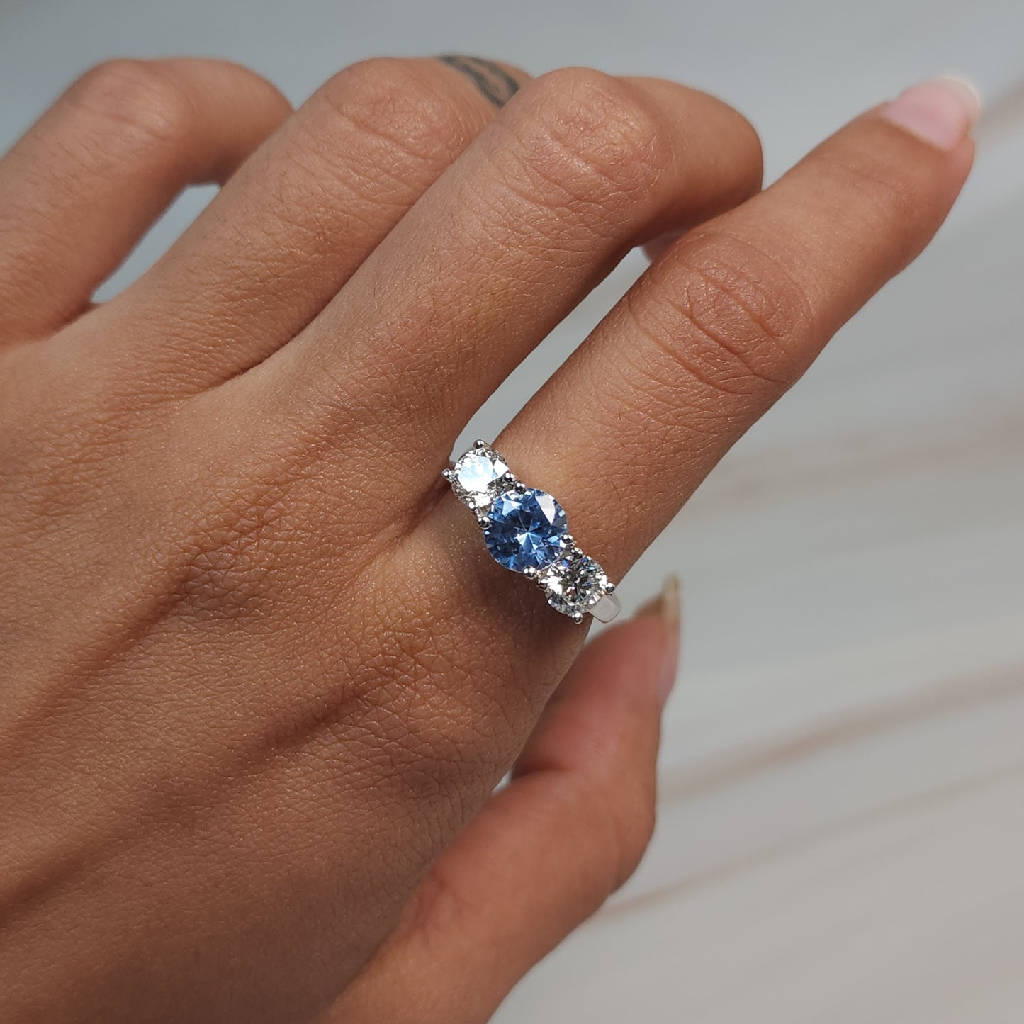 Simulated Aquamarine & 1Ct Lab Grown Diamond Round ring .925 Sterling Silver