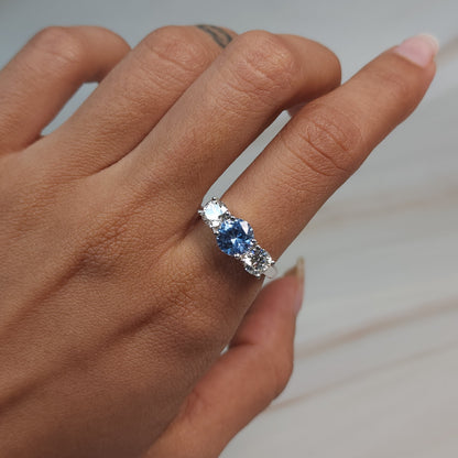 Simulated Aquamarine & 1Ct Lab Grown Diamond Round ring .925 Sterling Silver