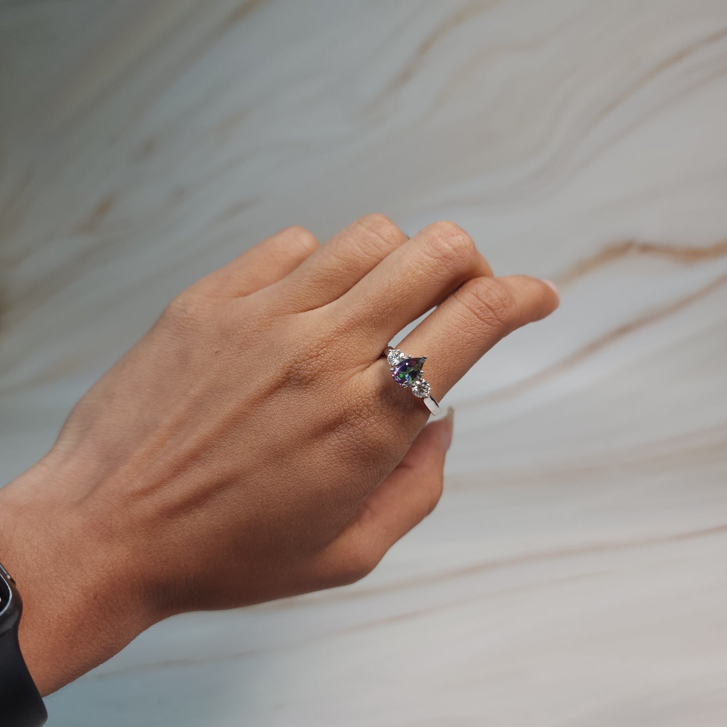 Natural Mystic Topaz & Lab Grown Diamond Pear Round ring .925 Sterling Silver