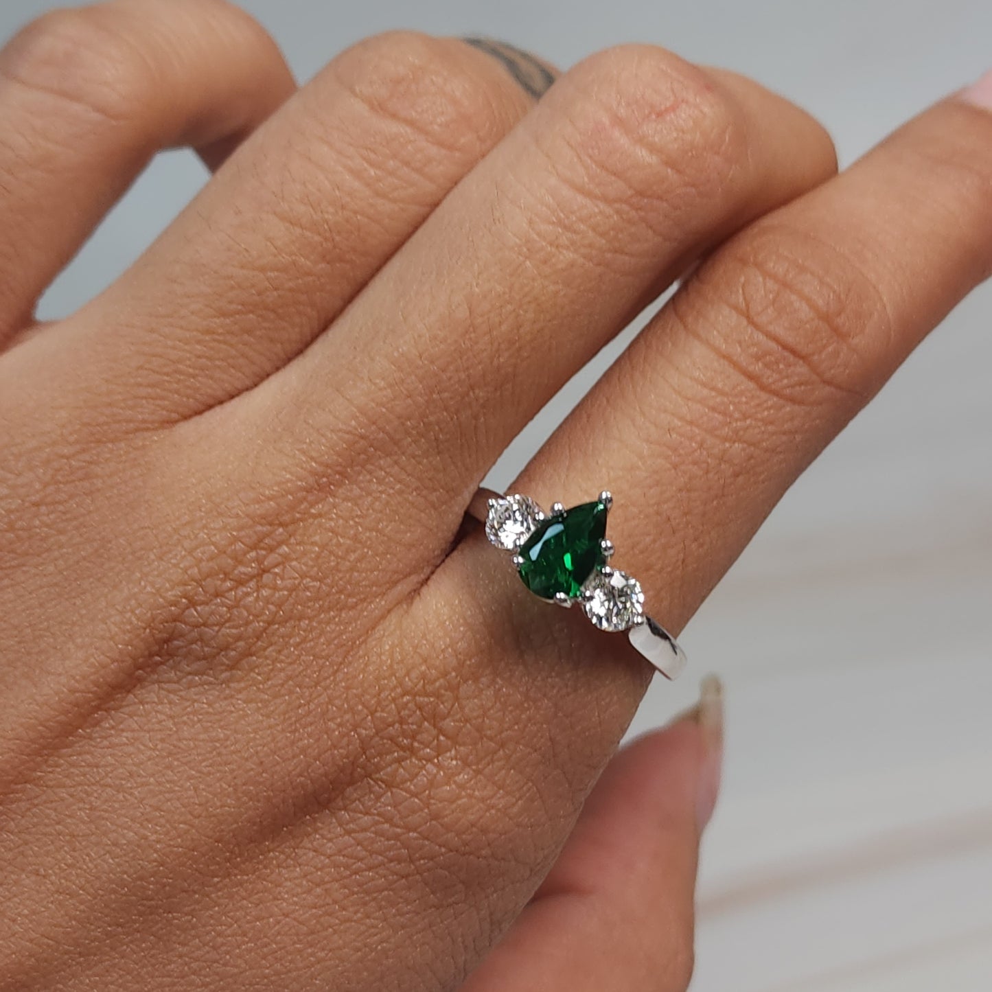 Simulated Emerald & Lab Grown Diamond Pear Round ring .925 Sterling Silver