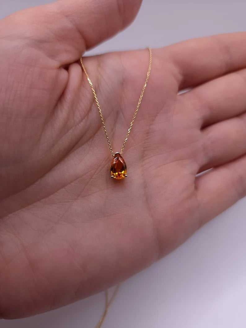 14Kt Gold Orange Citrine Teardrop Pendant Necklace