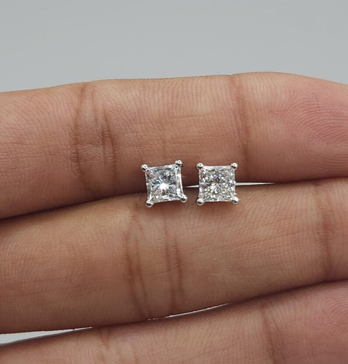 14Kt Gold 1 Ct Lab Grown Princess Cut Square Diamond Stud Earrings